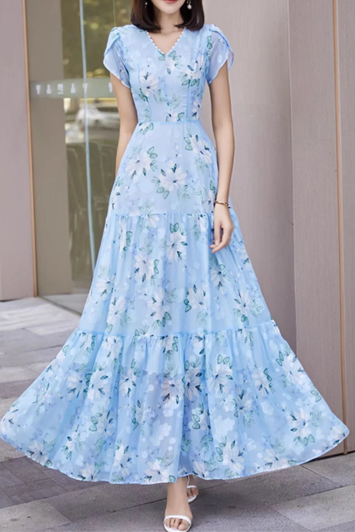 Blue Chiffon Maxi Dress - Floral Print, Cape Sleeves 5042