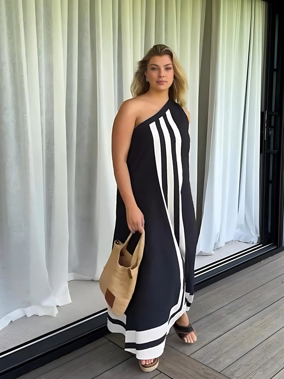 Asymmetrical Neckline Midi Dress