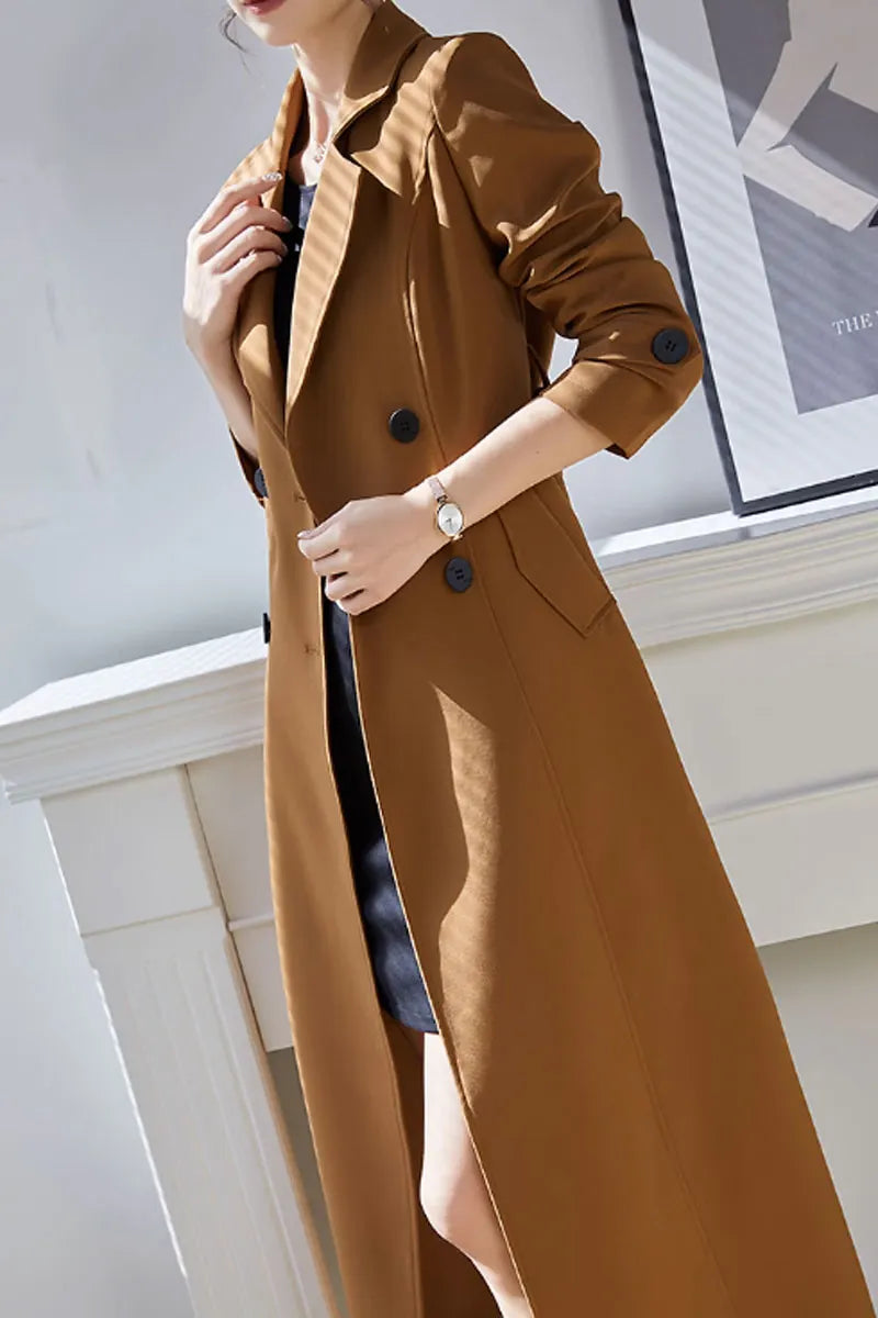 Camel Polyester Maxi Trench Coat - Tie Belt Waist, Lapel Collar 4600