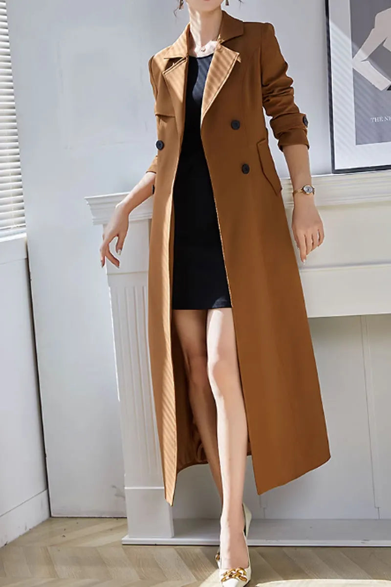 Camel Polyester Maxi Trench Coat - Tie Belt Waist, Lapel Collar 4600