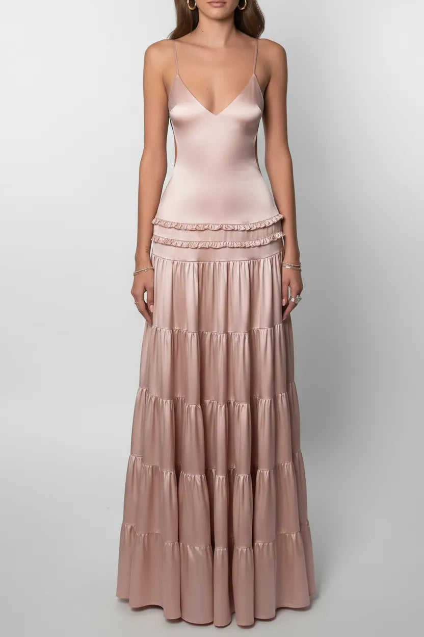 Deep V Backless Tiered Satin Maxi Dress
