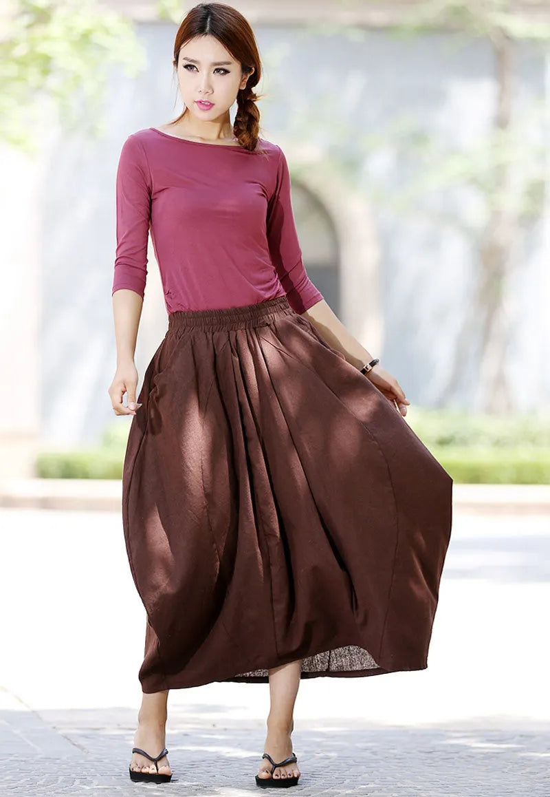 Brown Linen Skirt - Maxi Length with Elastic Waist and Pockets 1026