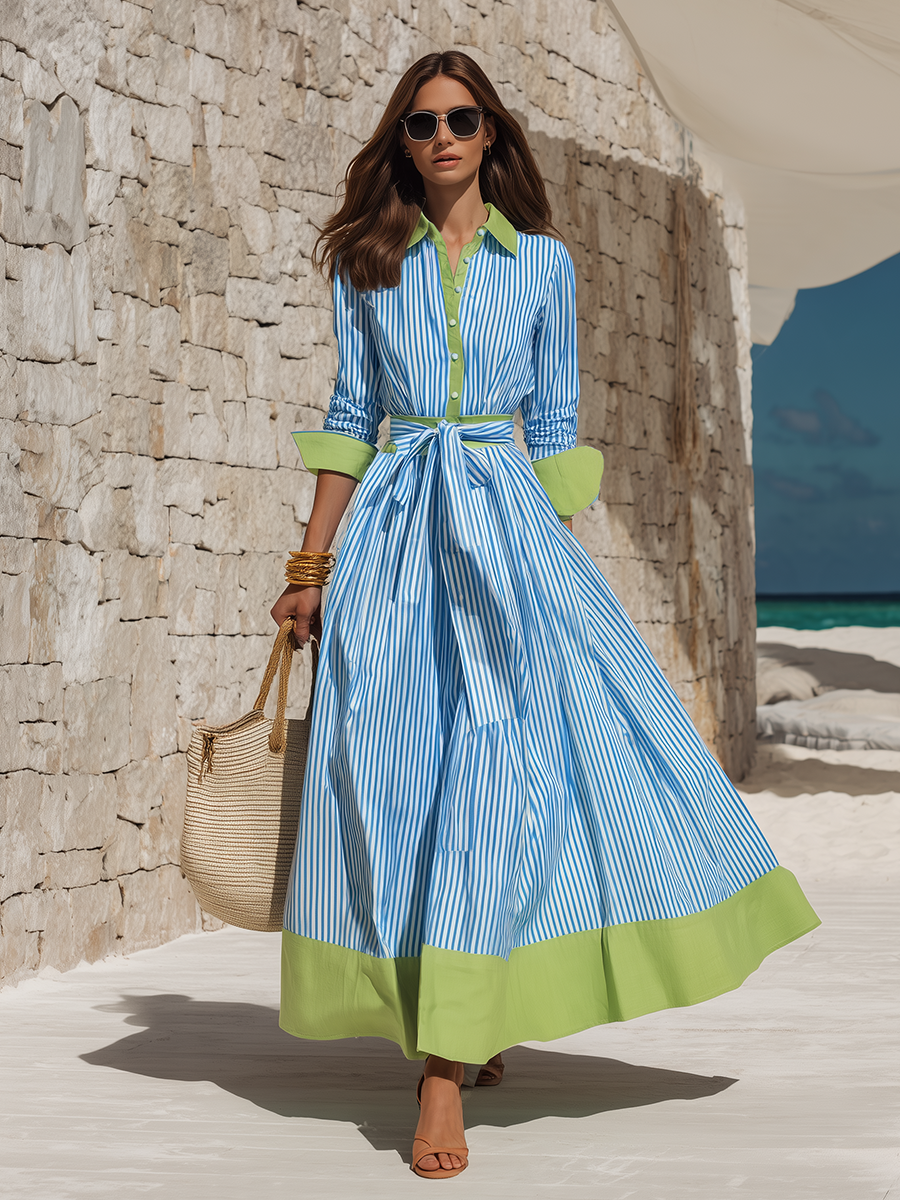 Retro Color-Blocked Hem Blue And White Striped Maxi Dress