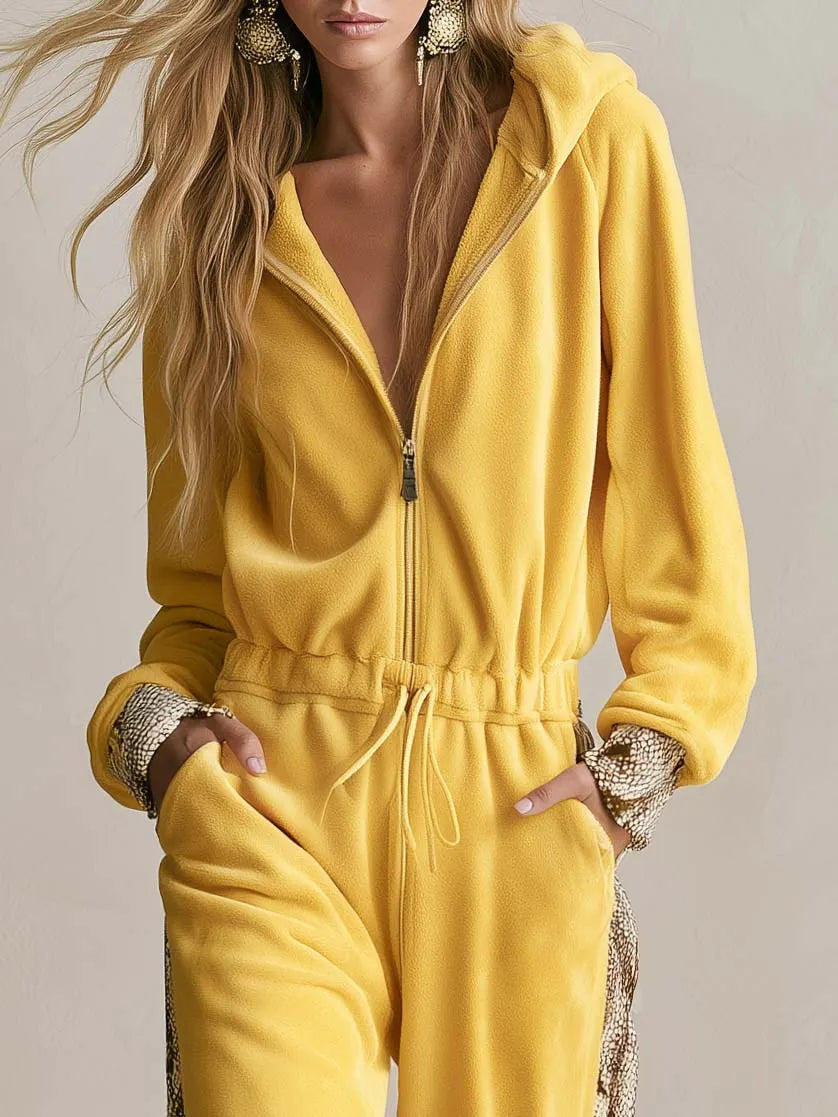 Retro Cozy Snake Print Panel Hooded Zip-Up Fleece Drawstring Wide Leg Jumpsuit