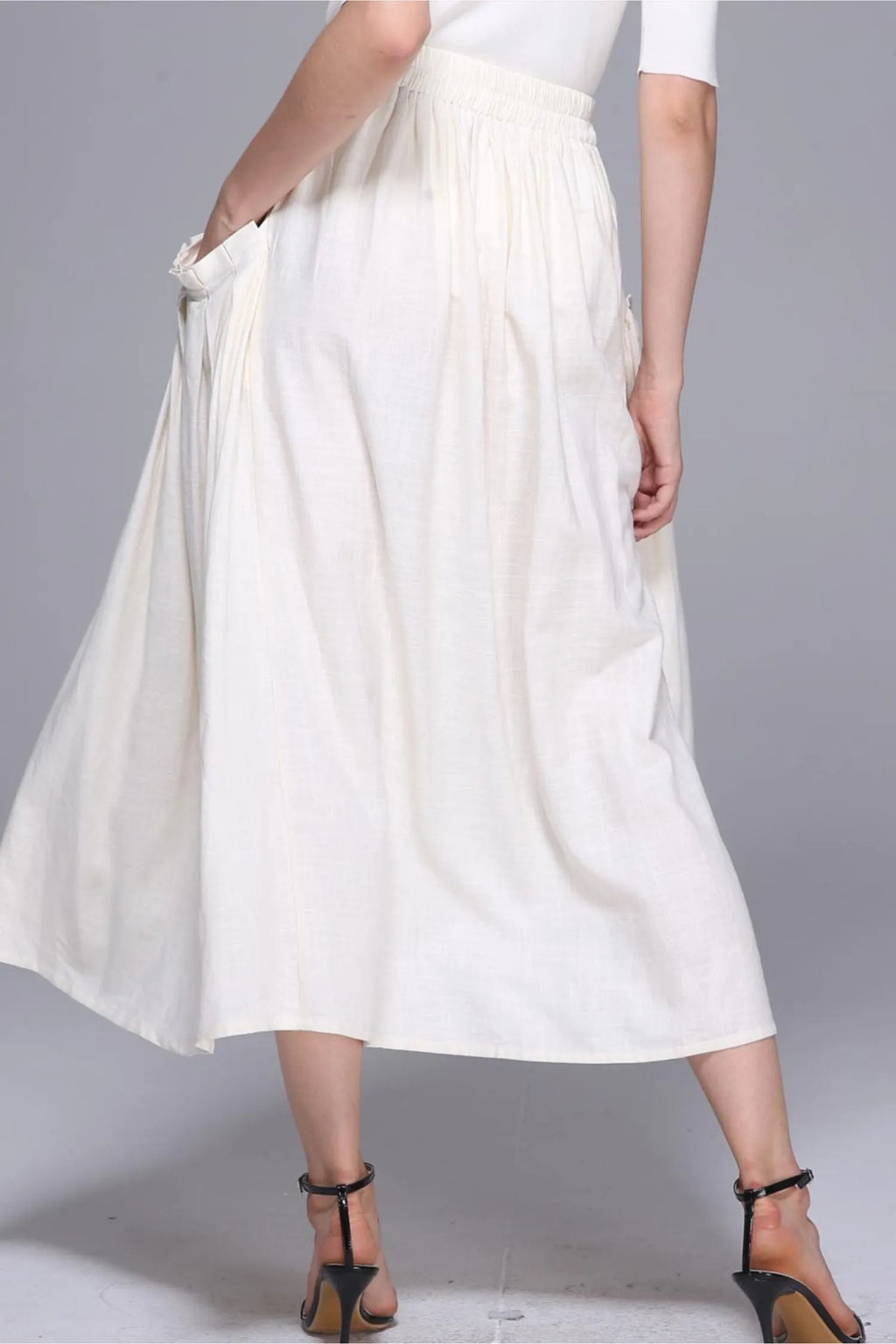 White Linen Cotton Maxi Skirt - Elastic Waist Big Pockets 