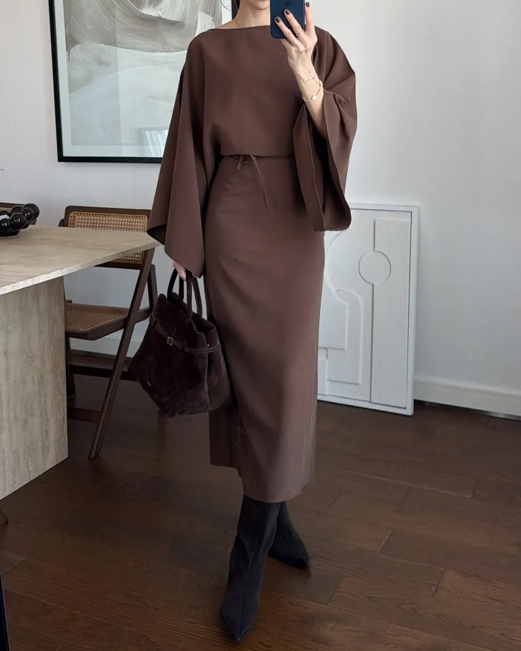 Batwing Sleeve Drawstring Waist Midi Dress