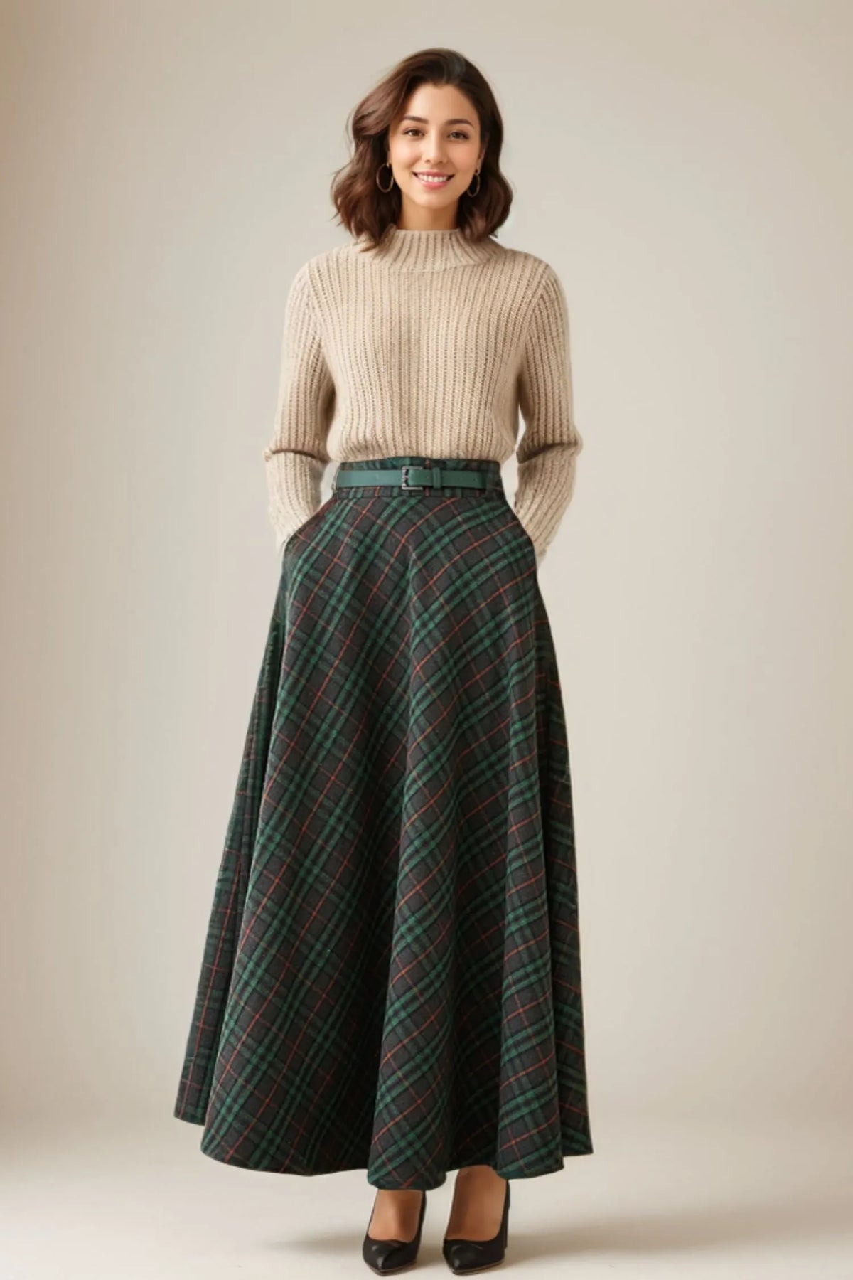 Plaid Wool Long Skirt - Flared Ankle-Length Classic 5260