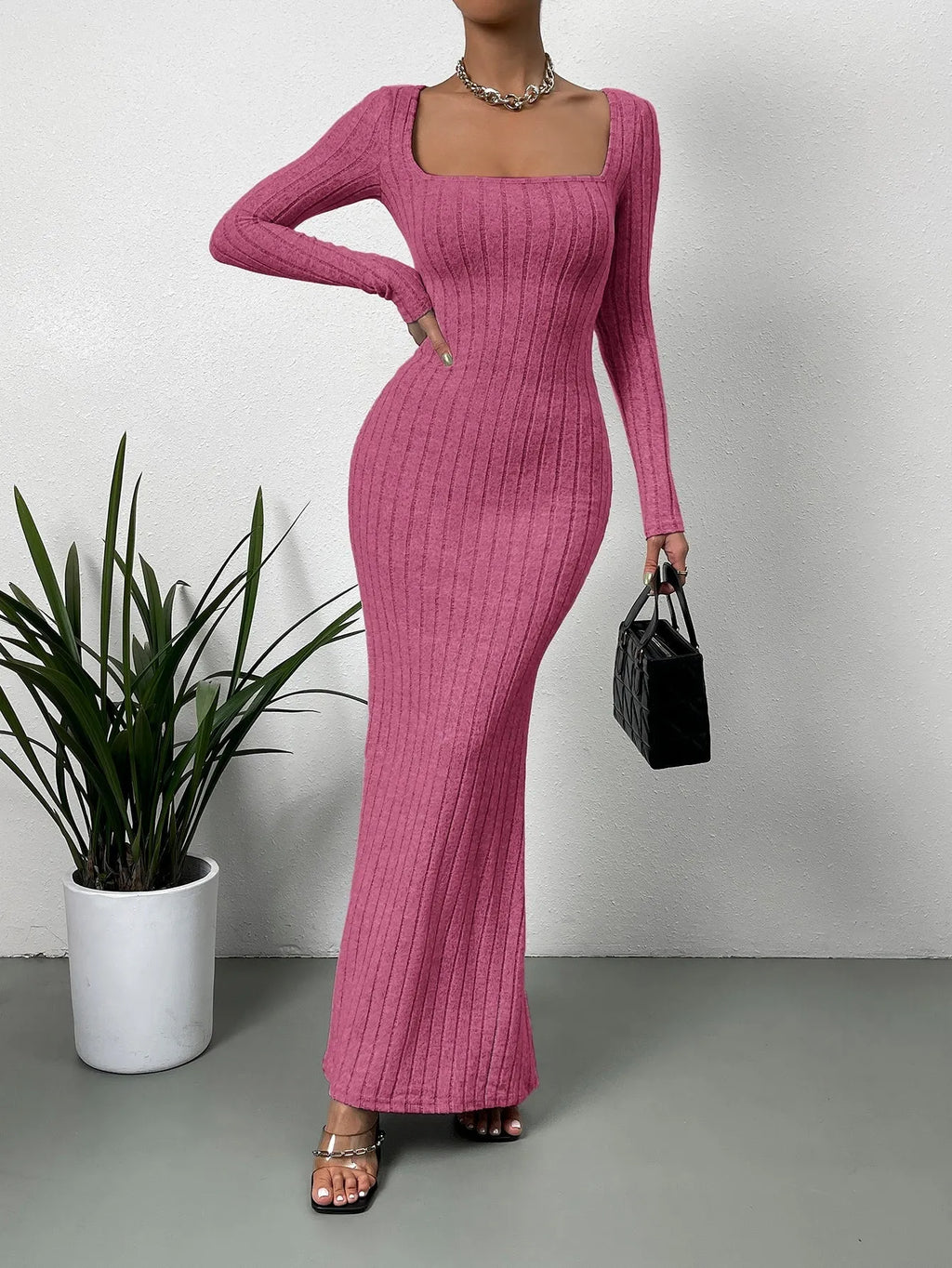 Square Neck Ribbed Knit Mermaid Hem Dress