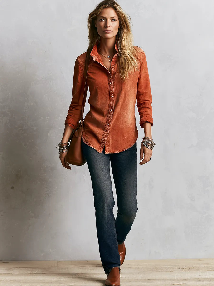 Rust Soft Cotton Relaxed Wash Button Down Shirt