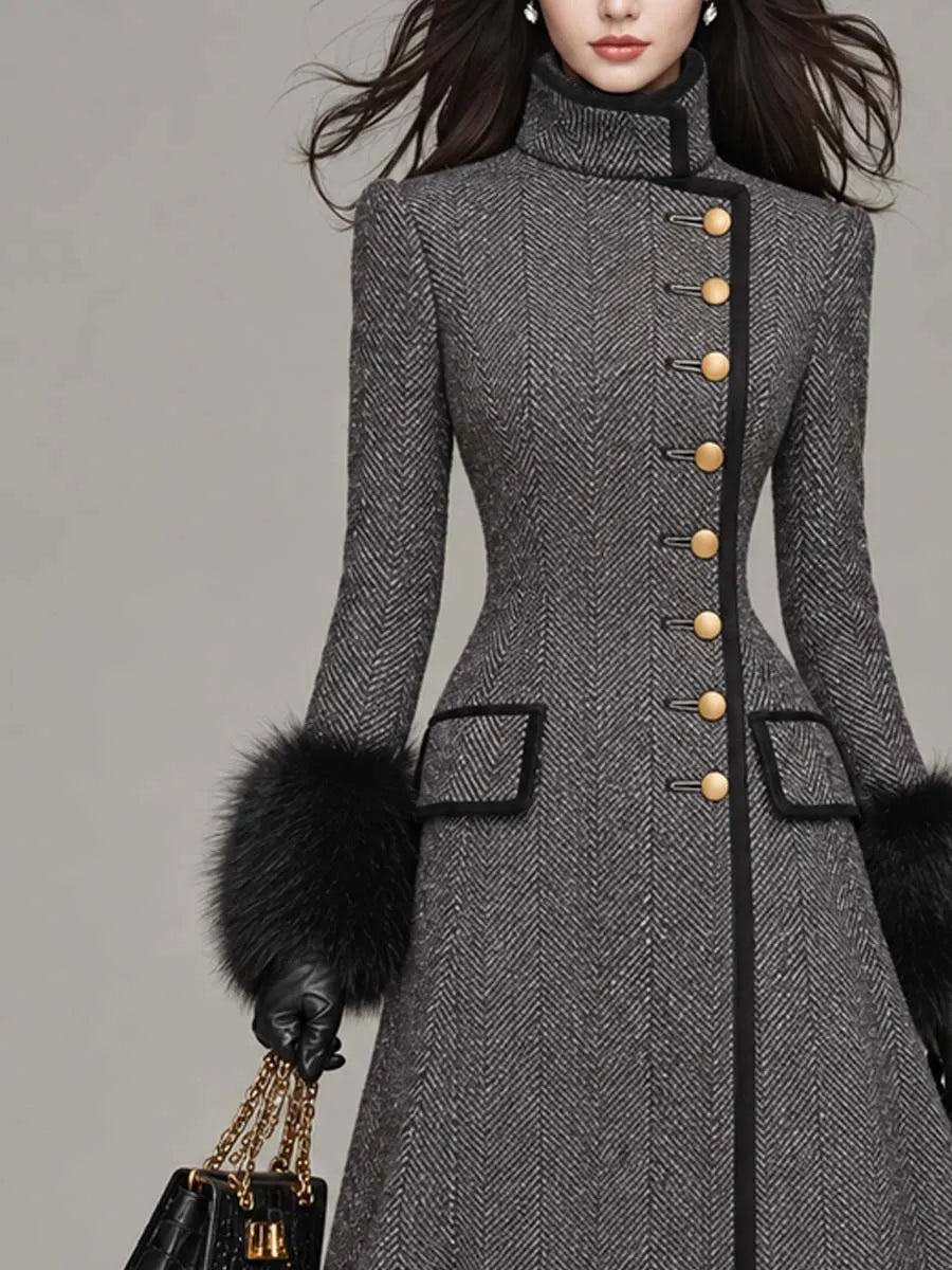 Vintage-style Herringbone Wool-blend Long Coat
