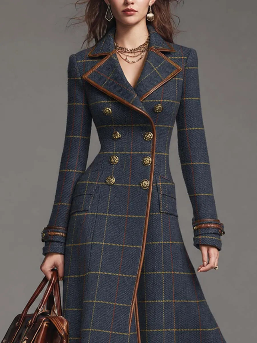 Vintage Plaid Double-breasted Wool-blend Long Coat