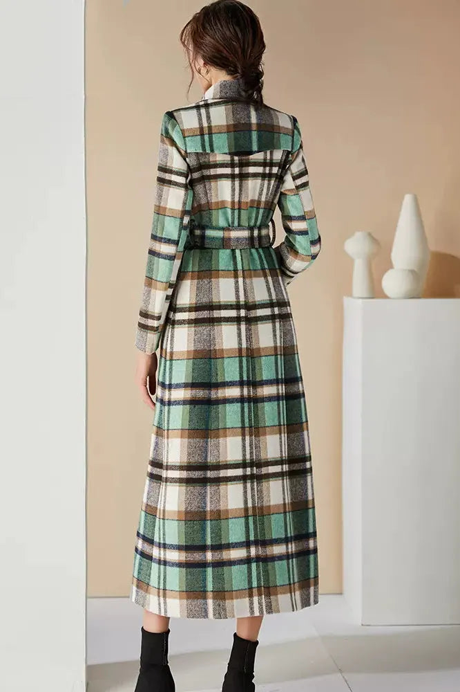Handmade Green Plaid Wool Coat – Elegant Belted High Neck Long Overcoat 