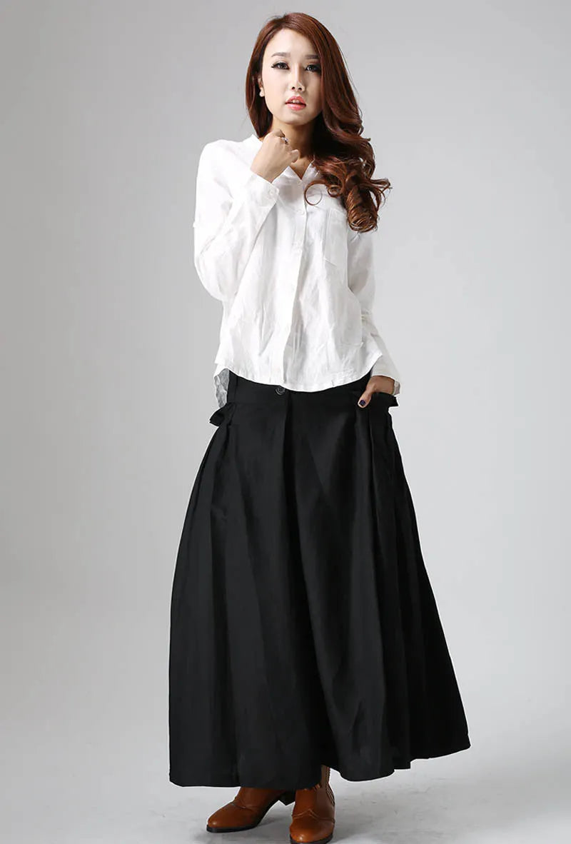 Black Linen Maxi Skirt - Pleated Pockets, Button Front 822