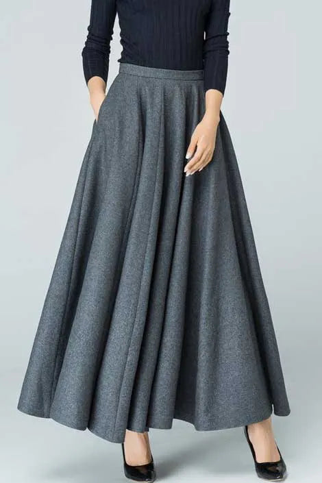 Grey Wool Blend Maxi Circle Skirt - Pleated A-Line 