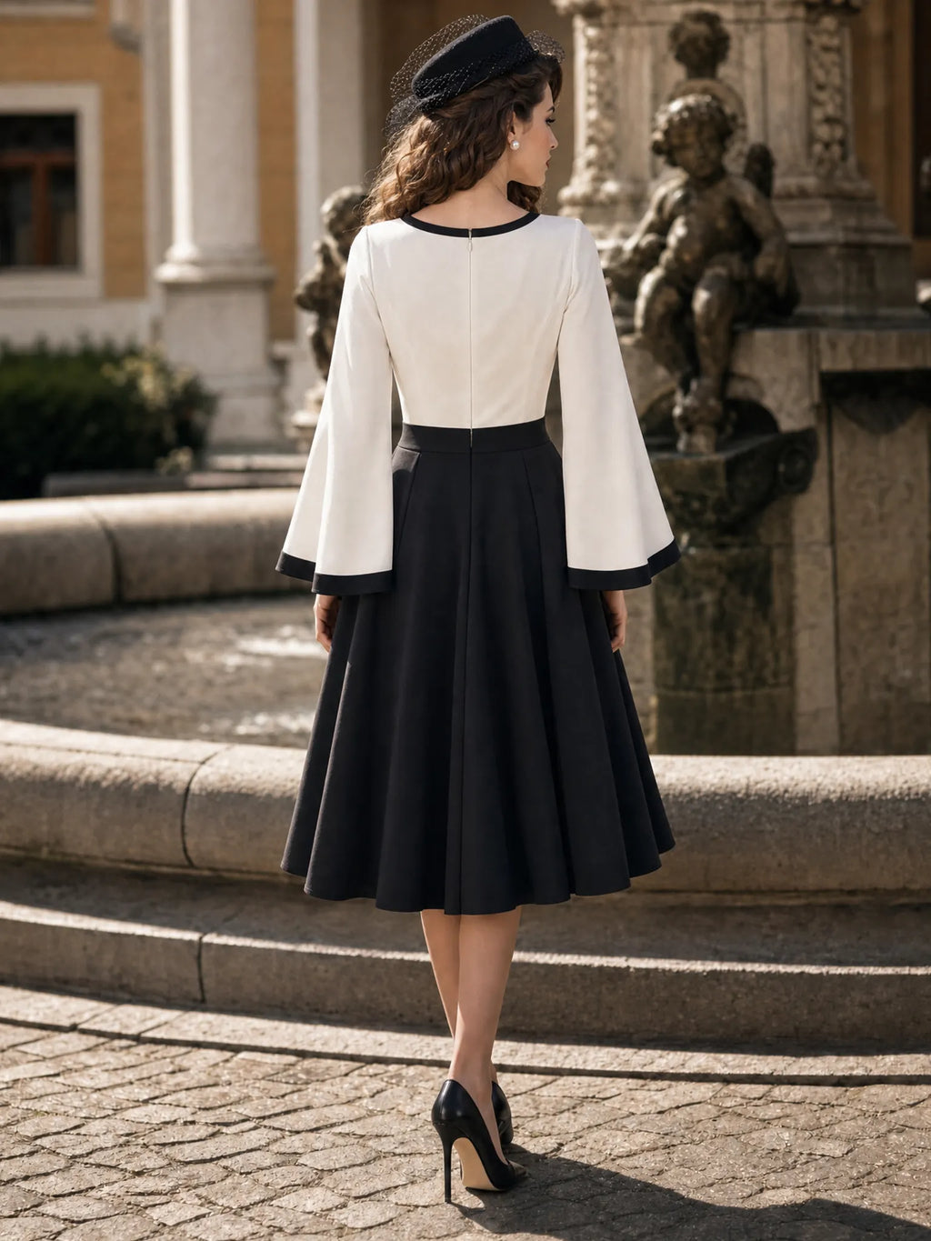 Vintage Black White Contrast Bell Sleeve Midi Dress