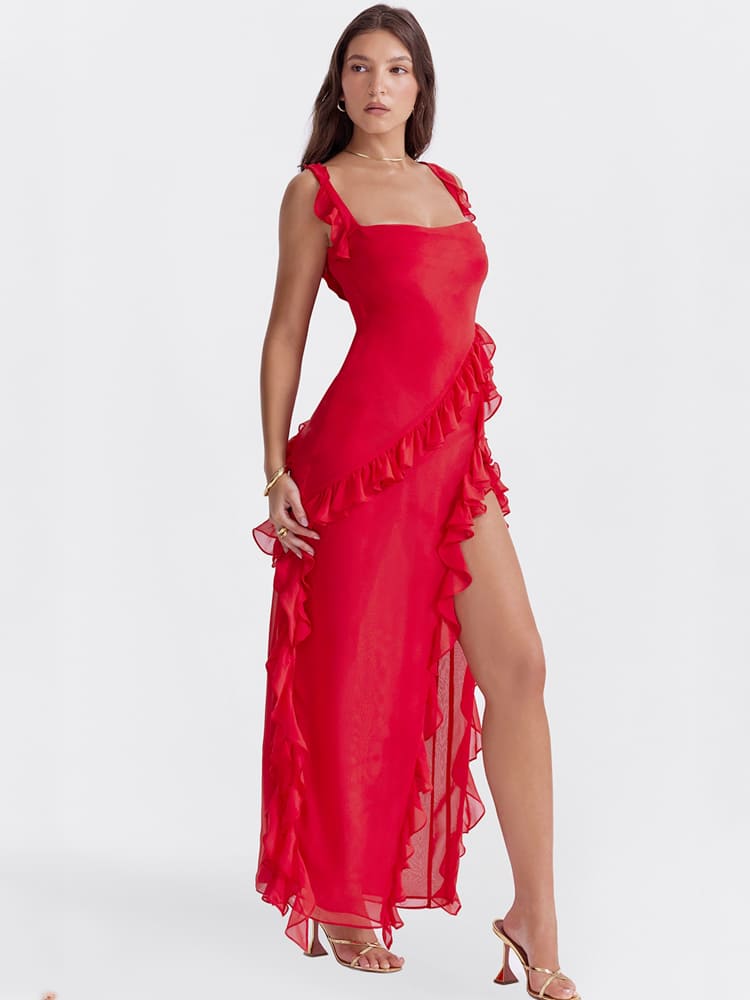 Ruffled Long Maxi Slip Dress - Red