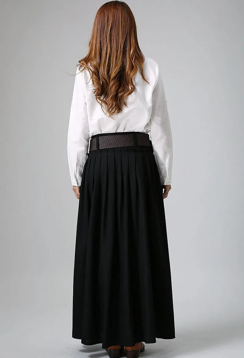 Handmade Black Maxi Skirt – Pleated A-Line Skirt with Pockets 