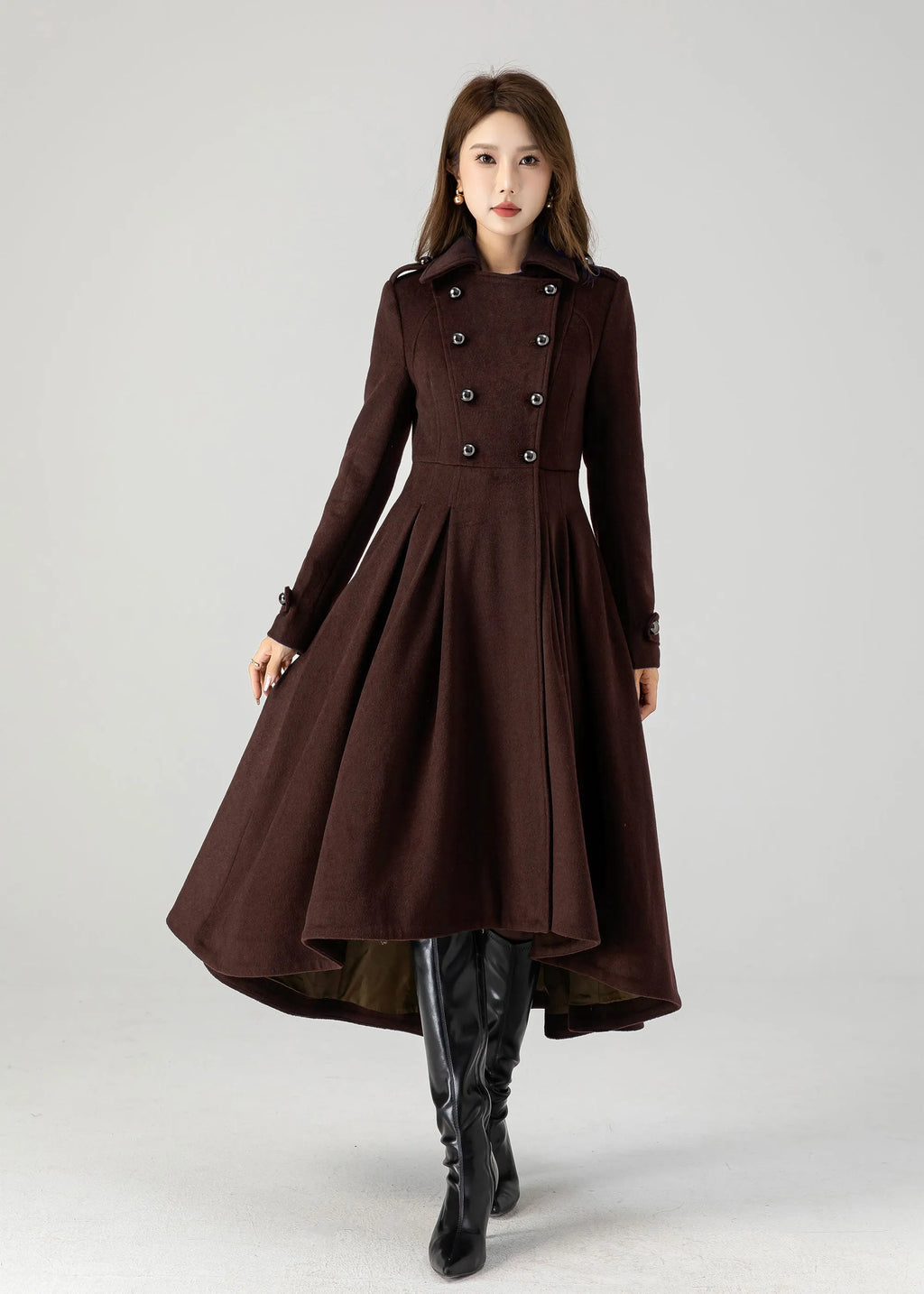 Brown Wool Long Coat - A-Line Vintage Inspired Double Breasted 6310