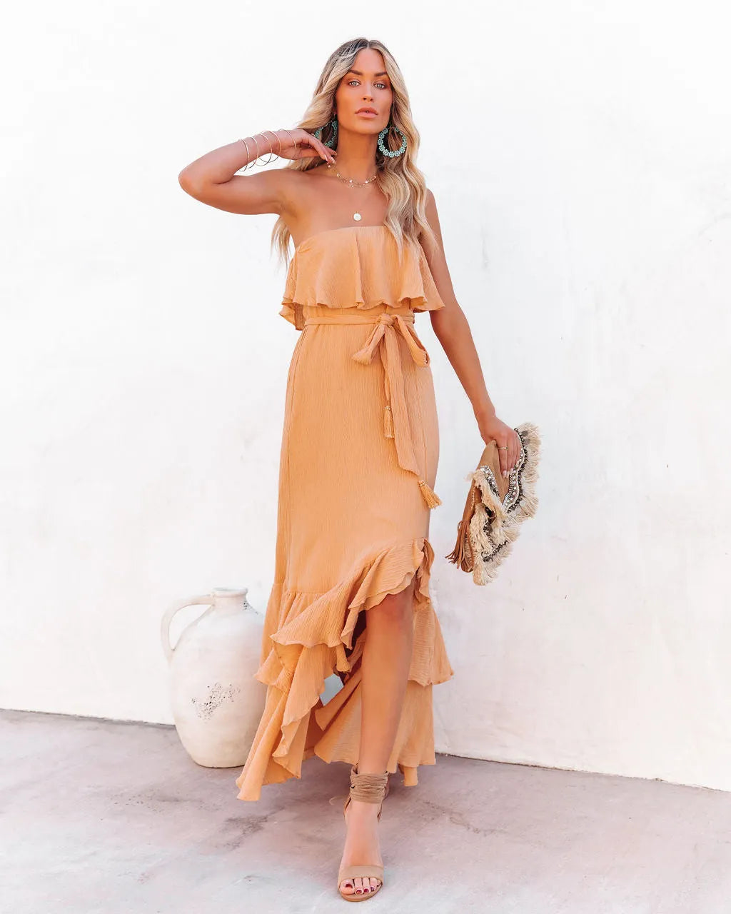 Rosemont Cotton Linen Strapless High Low Maxi Dress - Peach