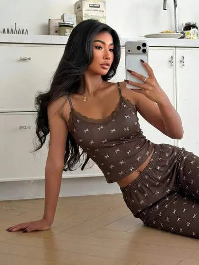 Pink Bow Lace Patchwork Cami Pajama Set