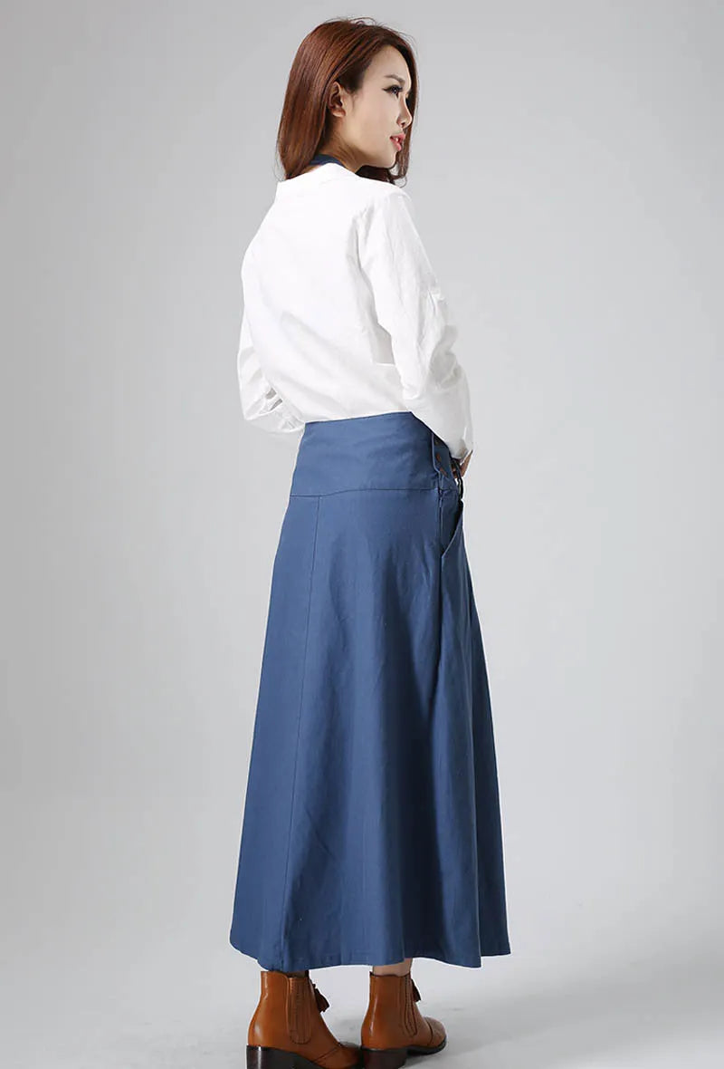 Blue Linen Maxi Skirt with Tie Belt and Pockets - Regular Fit 819