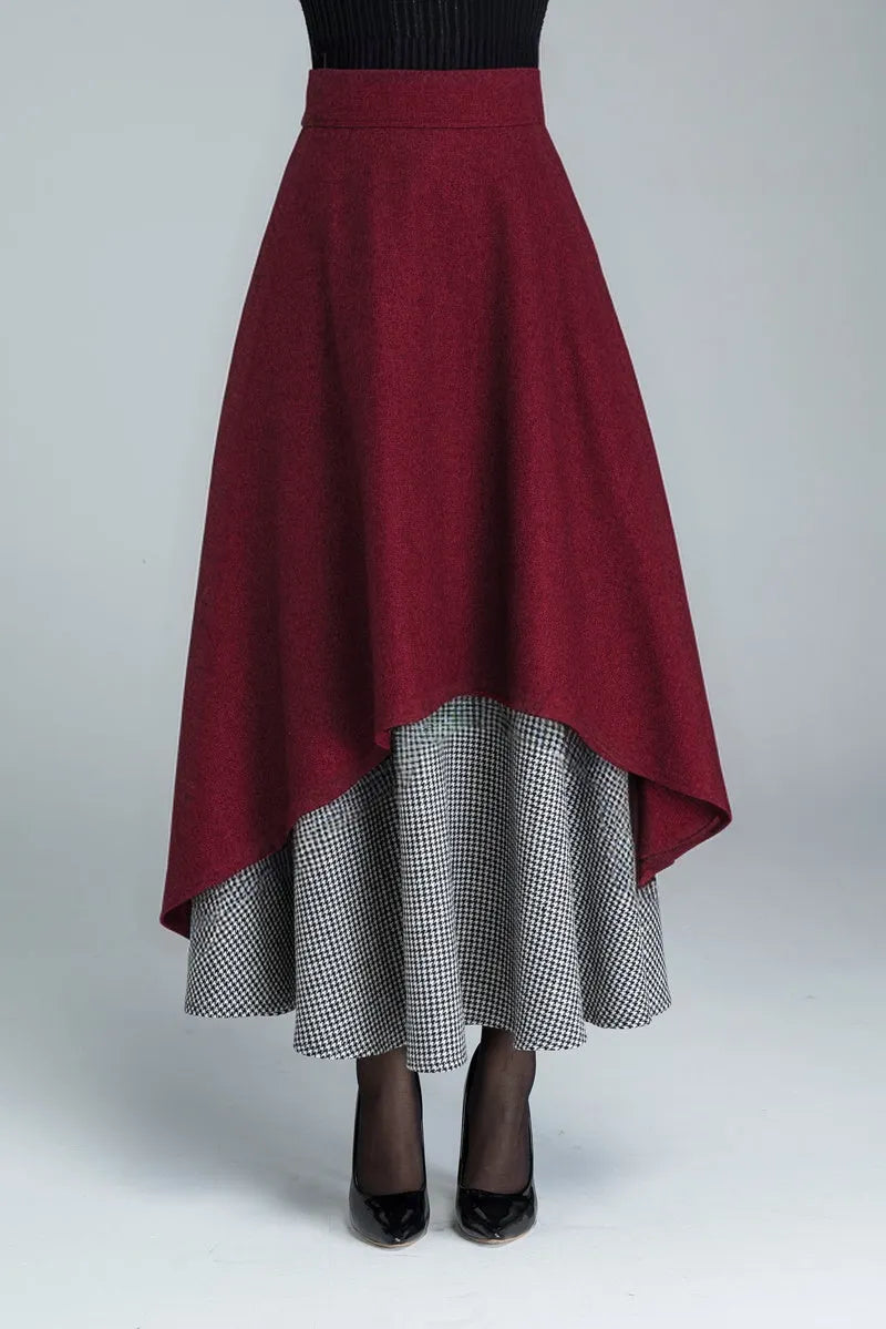Handmade Layered Wool Maxi Skirt – Burgundy Swing with Houndstooth 
