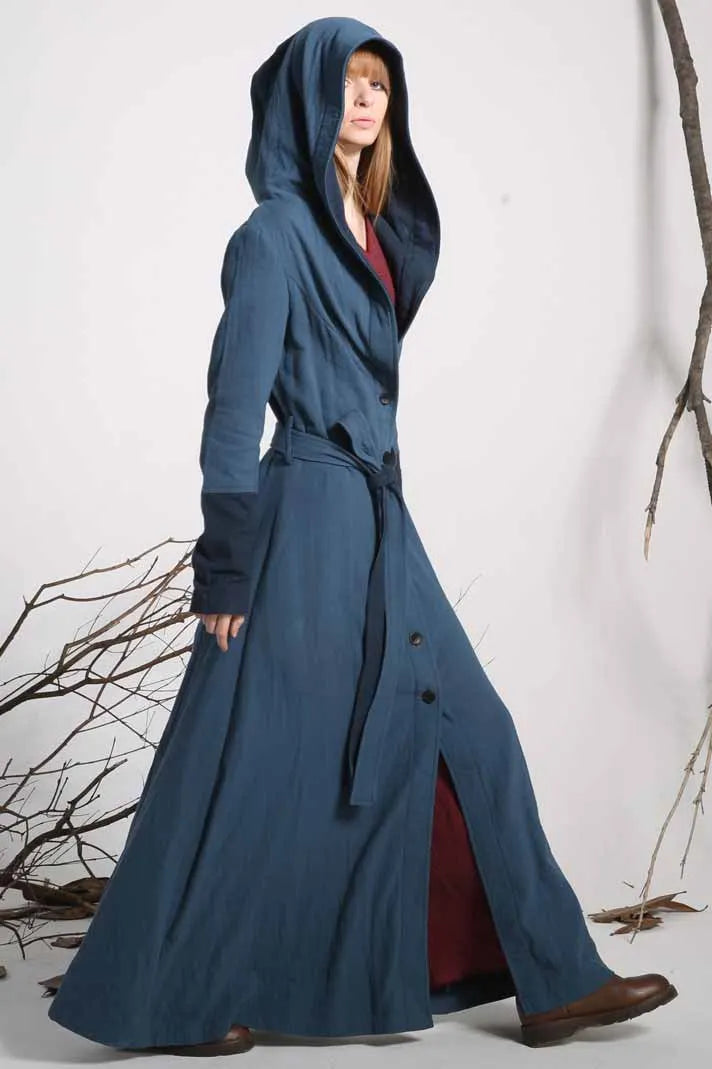 Blue Linen Cotton Trench Coat - Hooded Ankle-Length 