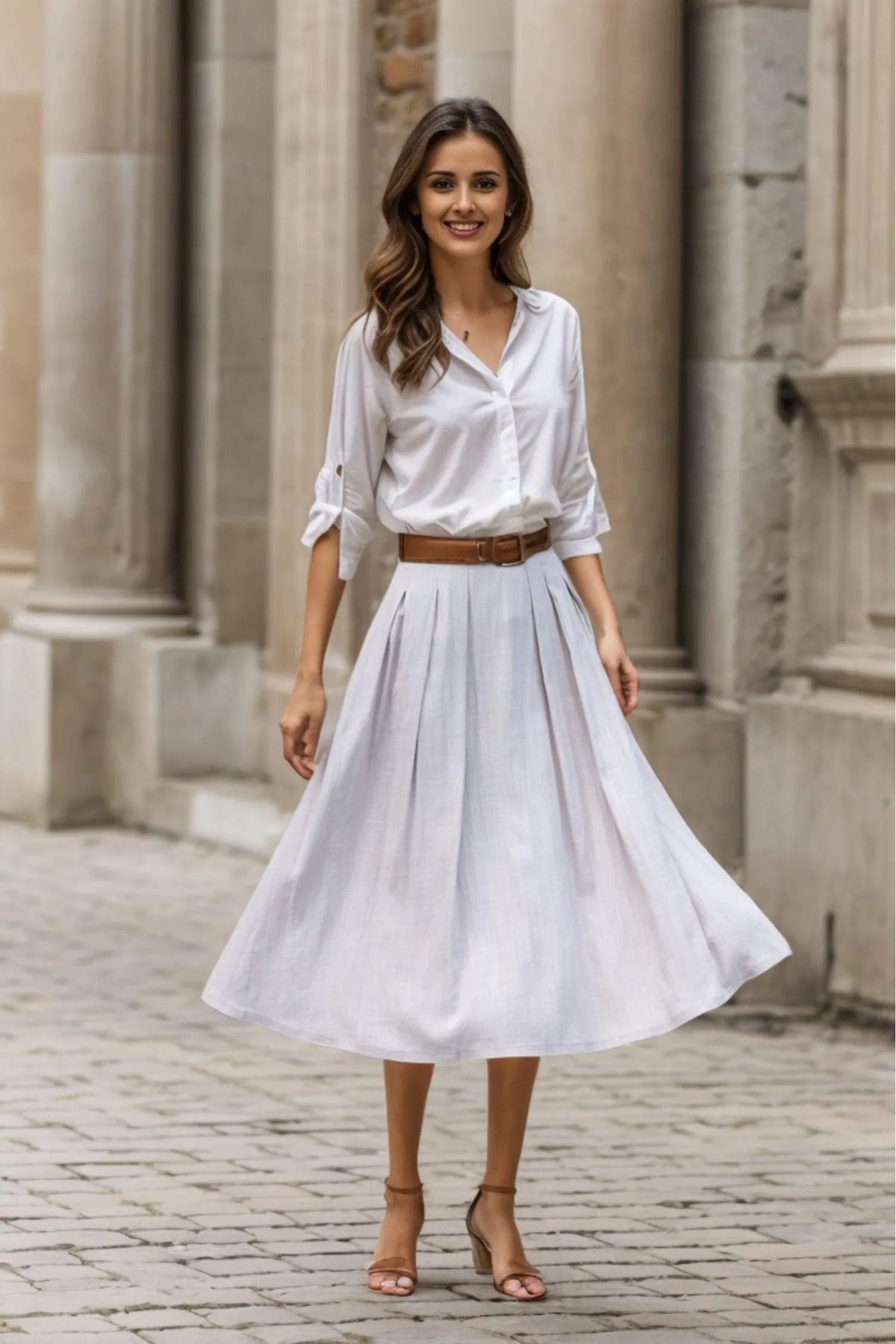 Light Grey Cotton Linen Midi Skirt - Pleated A-Line High Waist 3544
