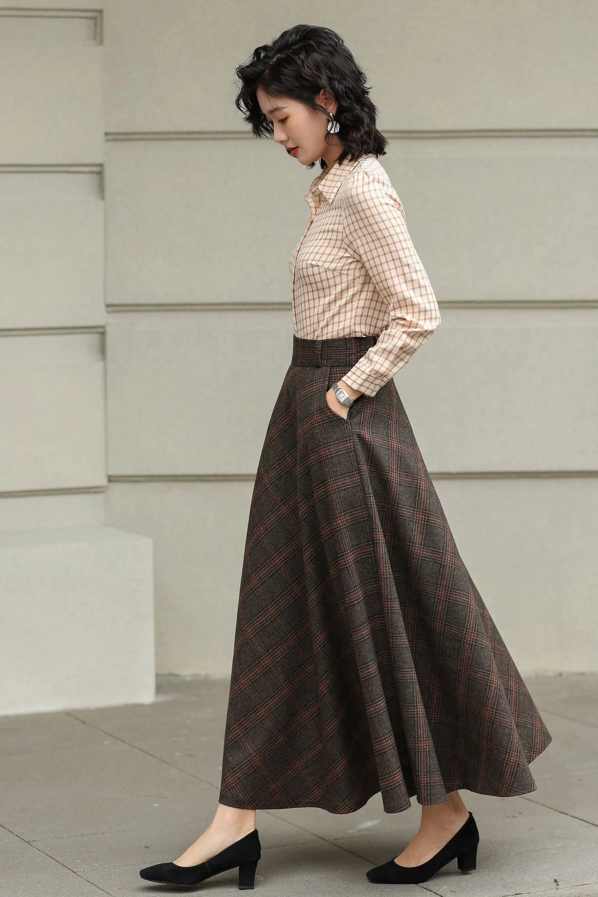 Handmade Dark Brown Plaid Wool Maxi Skirt – High Waist A-line Winter Elegance 6424