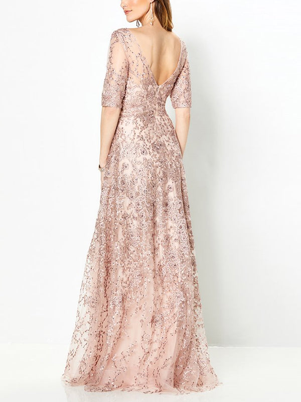 Round Neck Lace Solid Color Maxi Dress
