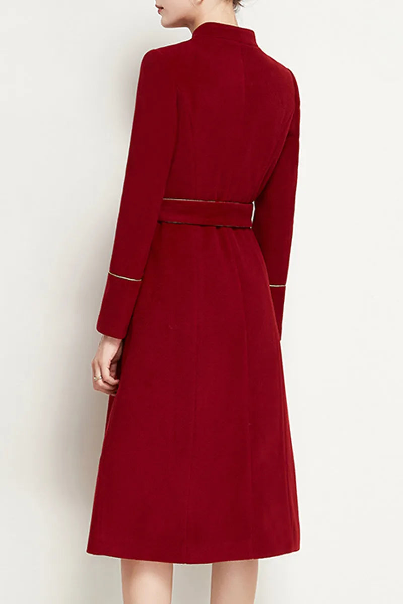 Red Wool Coat – Handmade Asymmetric Button Winter Coat with Feminine Bow Belt 3955