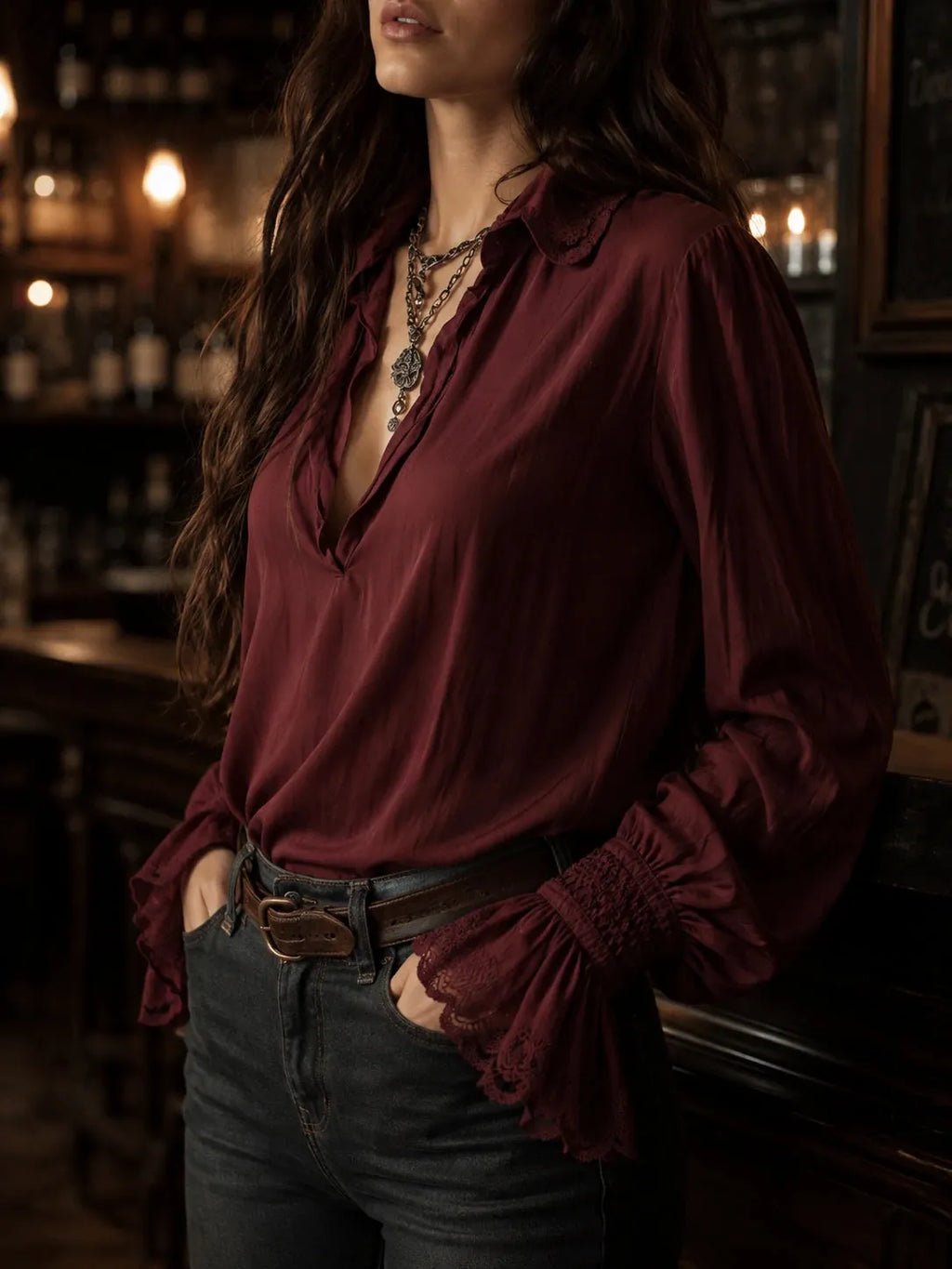 Boho V-Neck Deep Wine Red Blouse With Lace Cuffs