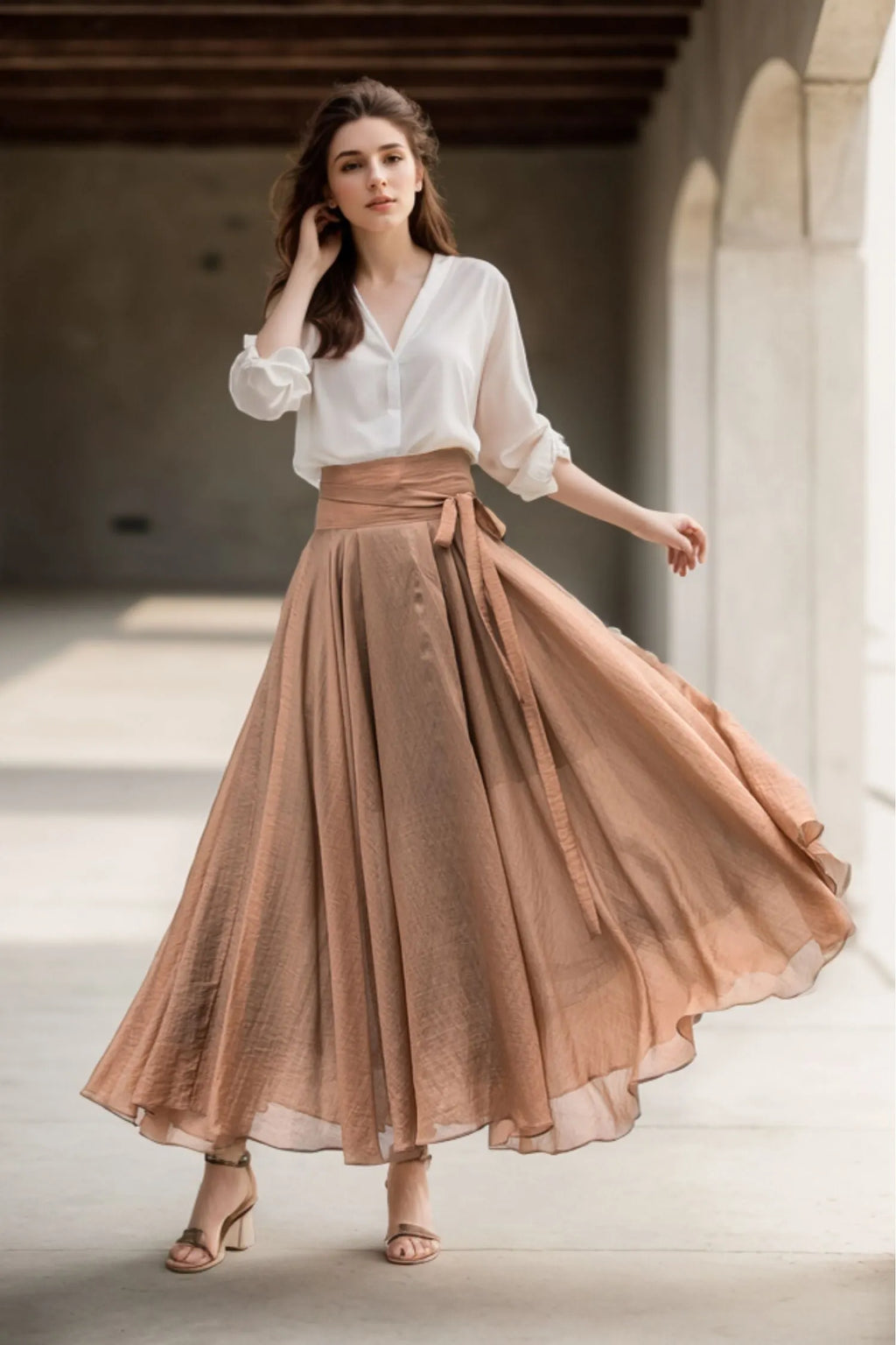 Brown Chiffon Circle Maxi Skirt - High Waist Self-Tie Belt 