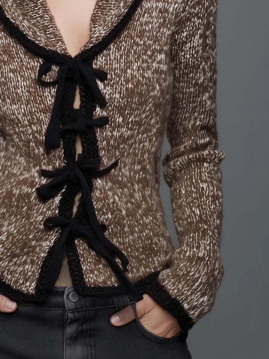 Vintage Mocha Brown Tie-Front Marled Knit Cardigan
