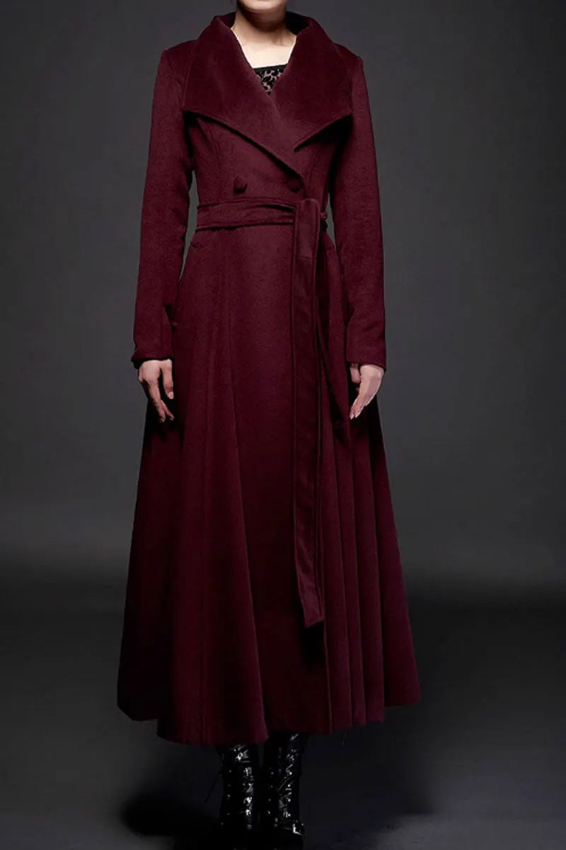 Dark Green Wool Long Coat - Double Breasted with Tie Belt 4712