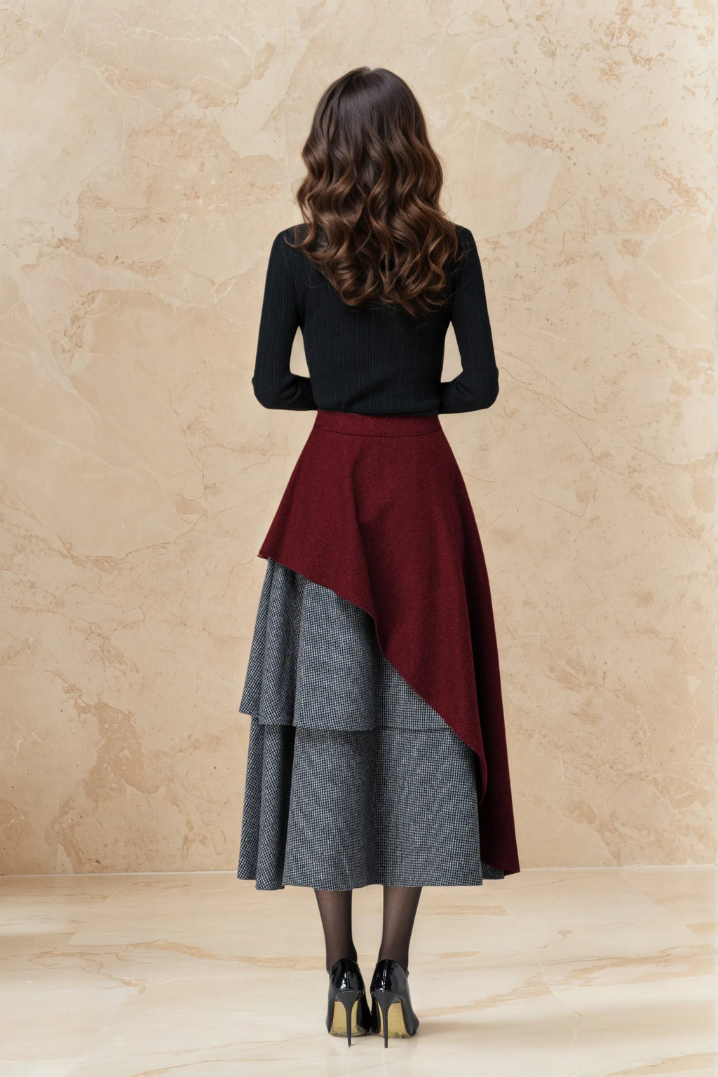 Dark Red Wool Maxi Skirt - Layered Houndstooth & Asymmetrical Hem 6516