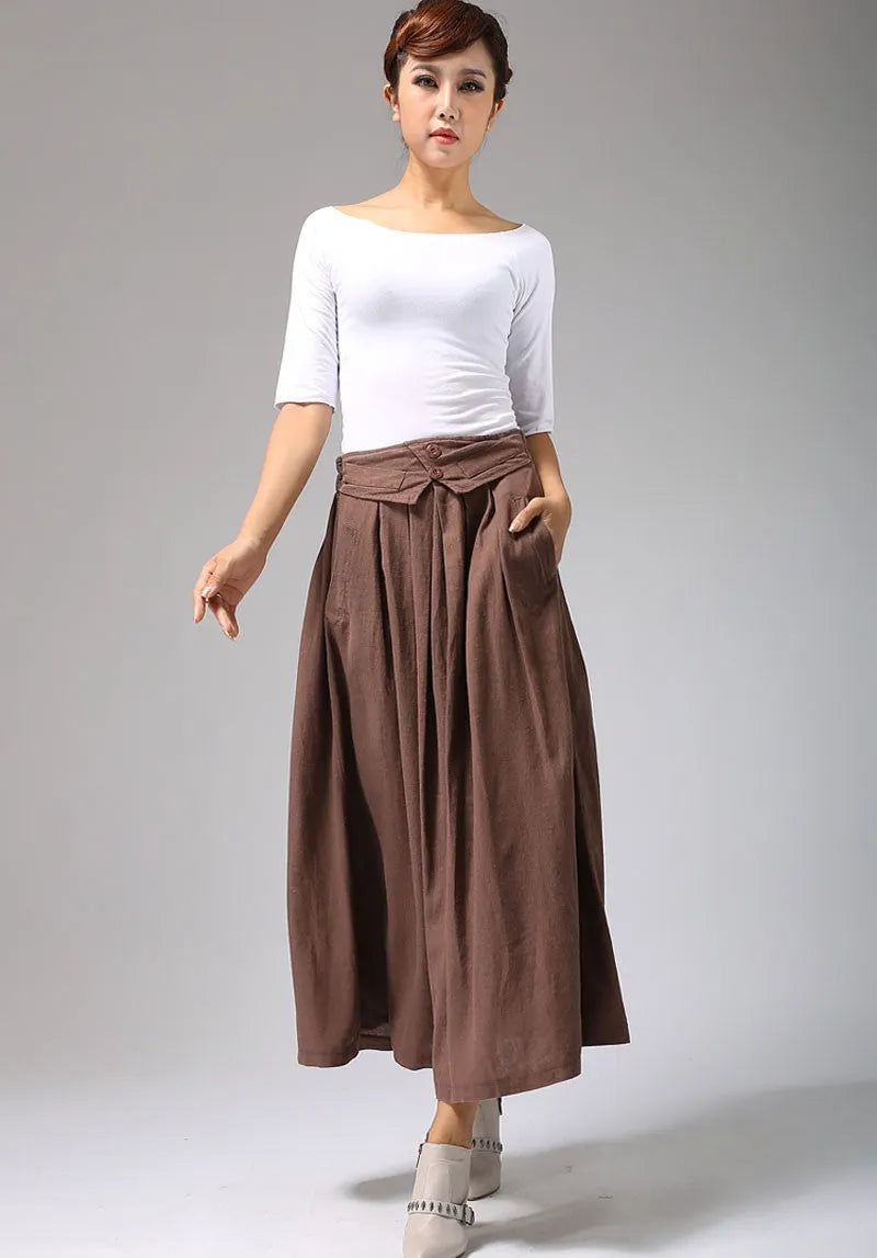 Women’s Brown Linen-Cotton Maxi Skirt – Elastic Waist Long Pleated Skirt 