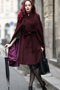 Burgundy Wool Cape Coat – Handmade Vintage Stand Collar Cloak with Belt 4728