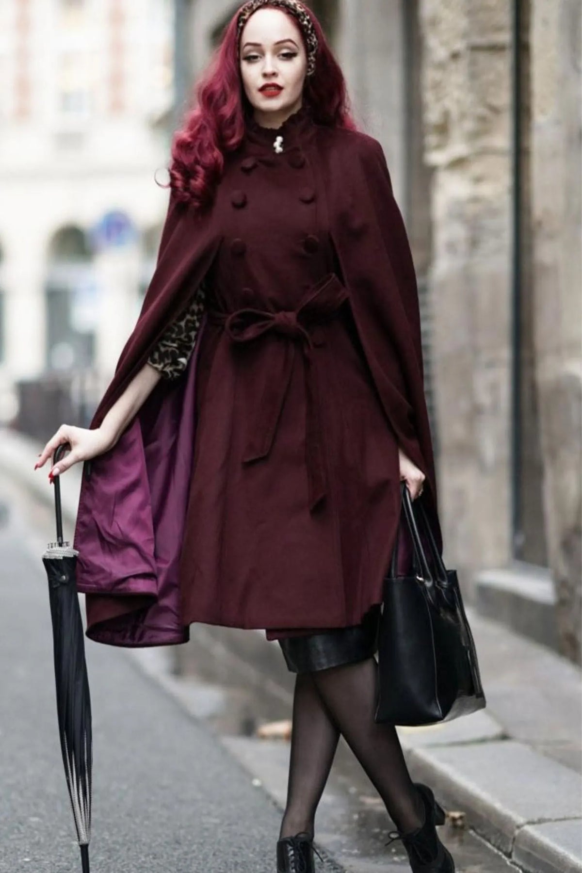 Burgundy Wool Cape Coat – Handmade Vintage Stand Collar Cloak with Belt 4728
