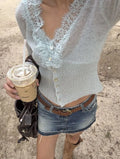 Blue Lace Trim Button-Up Knit Top
