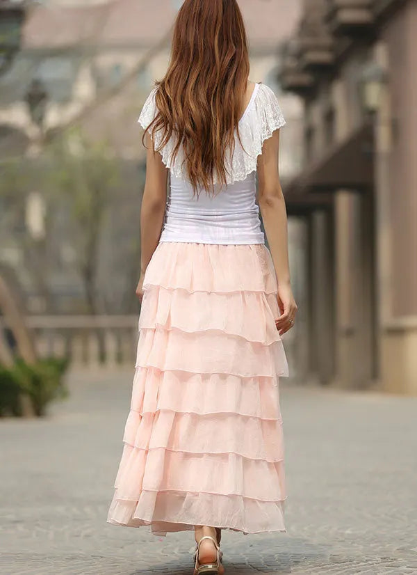 Pink Chiffon Tulle Maxi Skirt - 7-Layer Flowy 
