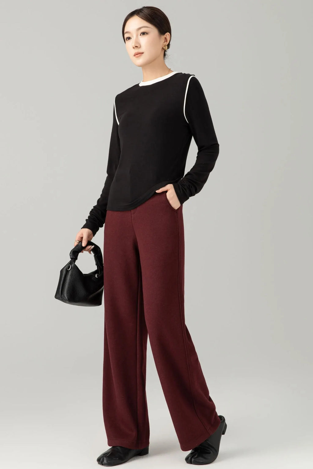 Burgundy Wool Wide Leg Pants - Loose Fitting Casual Winter 6465