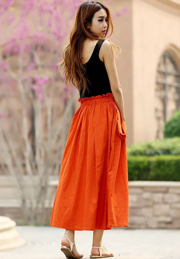 Orange Linen Maxi Skirt - Oversized Pocket and Elastic Waist 958