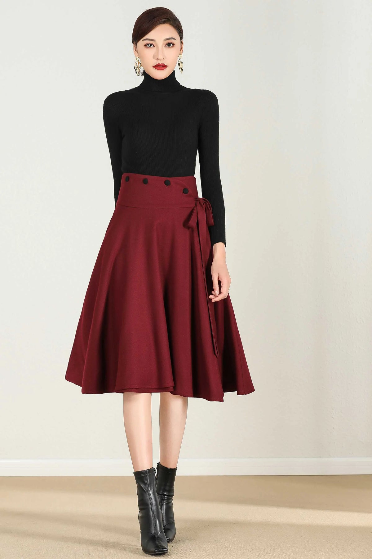 Wine Red Wool Blend High Waist Midi Skirt with Bow Tie – Vintage A-Line Winter Skirt 2433
