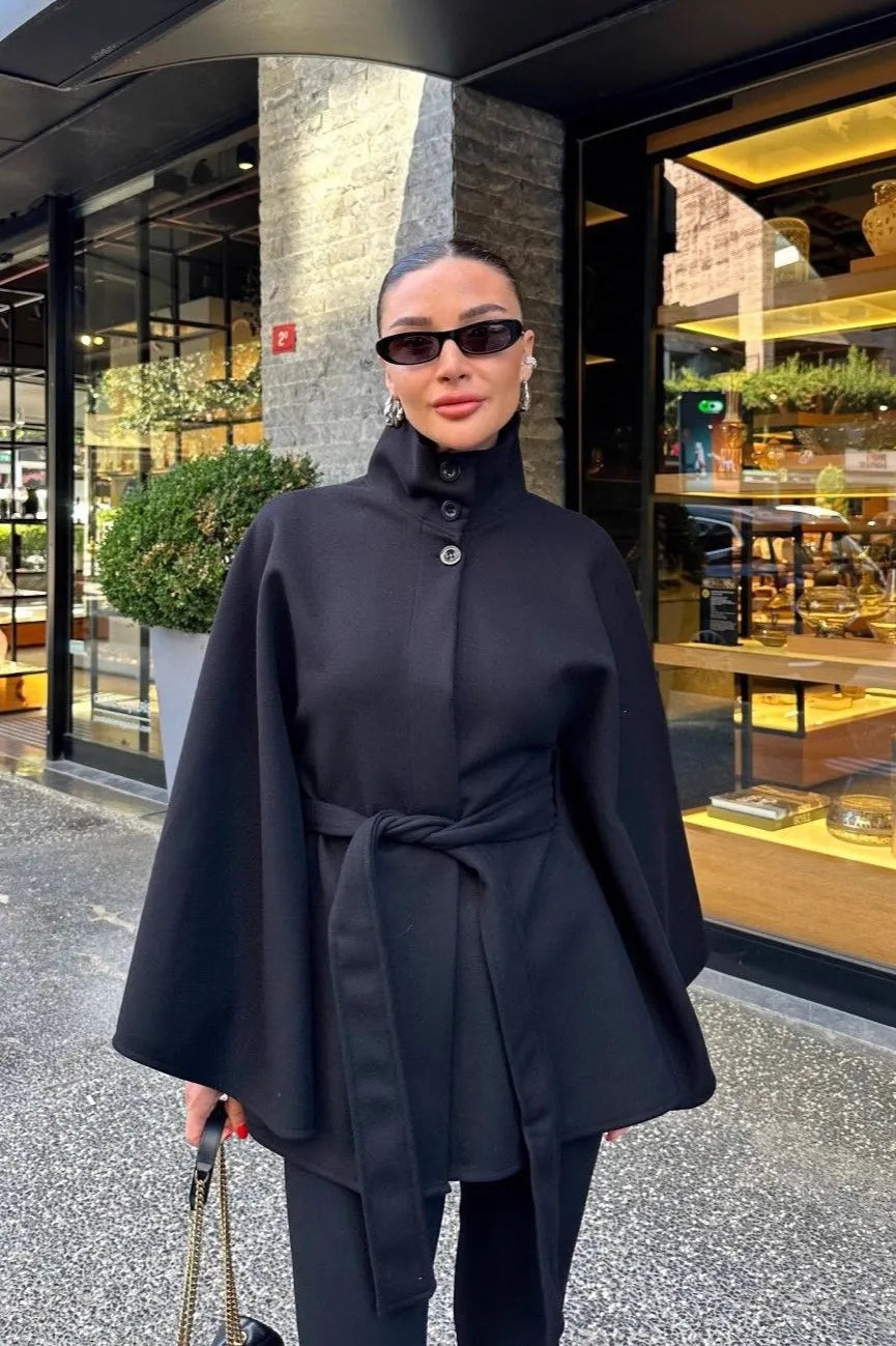 Elegant Stand Collar Belted High-Quality Coat