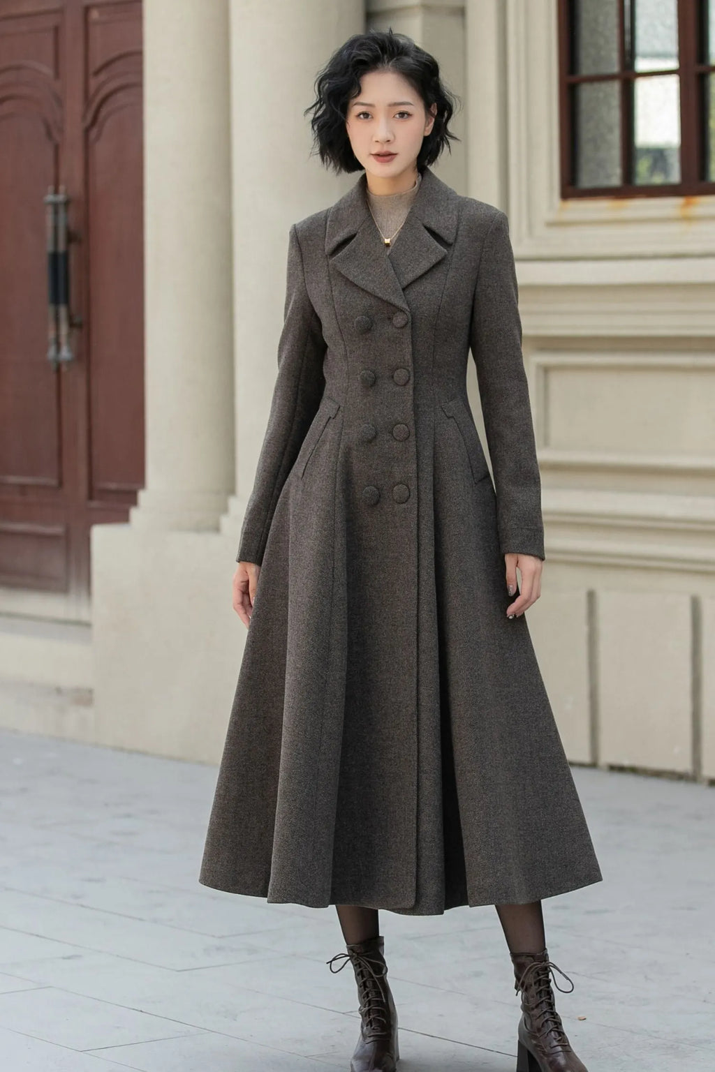 Chocolate Brown Wool Maxi Coat - Vintage Double-Breasted Fitted Waist 5460