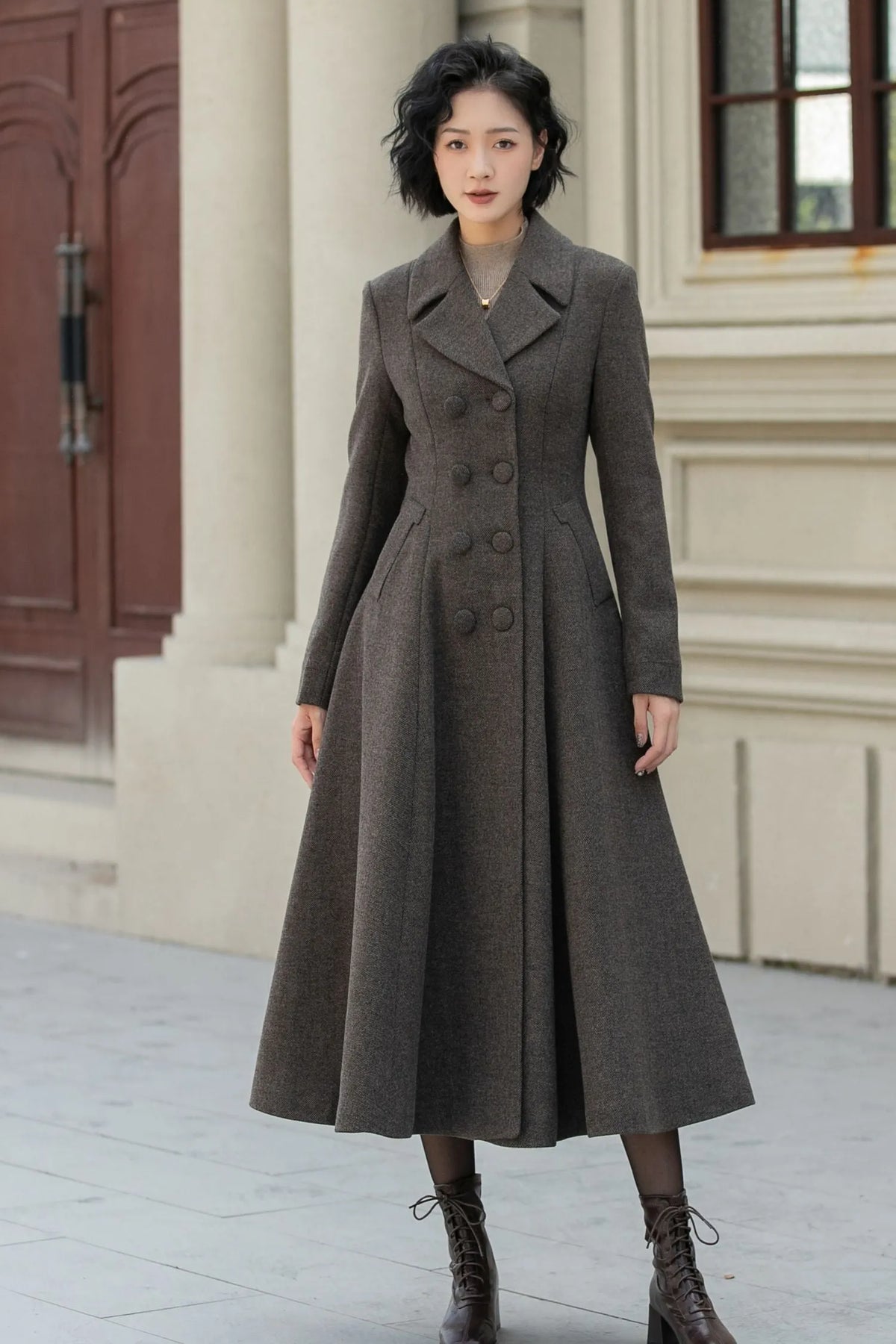 Chocolate Brown Wool Maxi Coat - Vintage Double-Breasted Fitted Waist 5460
