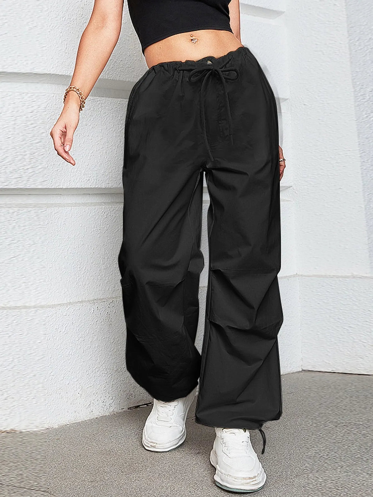 Oversized Drawstring Low Waist Slant Pocket Cargo Parachute Pants