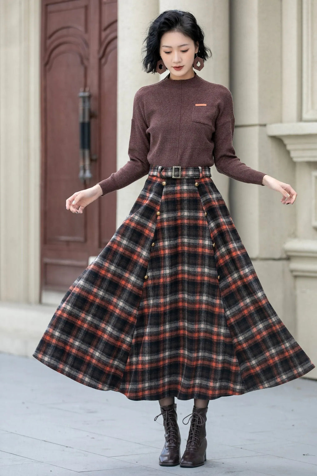 Plaid Wool Midi Skirt - A-Line Silhouette with Belt Waist 5355