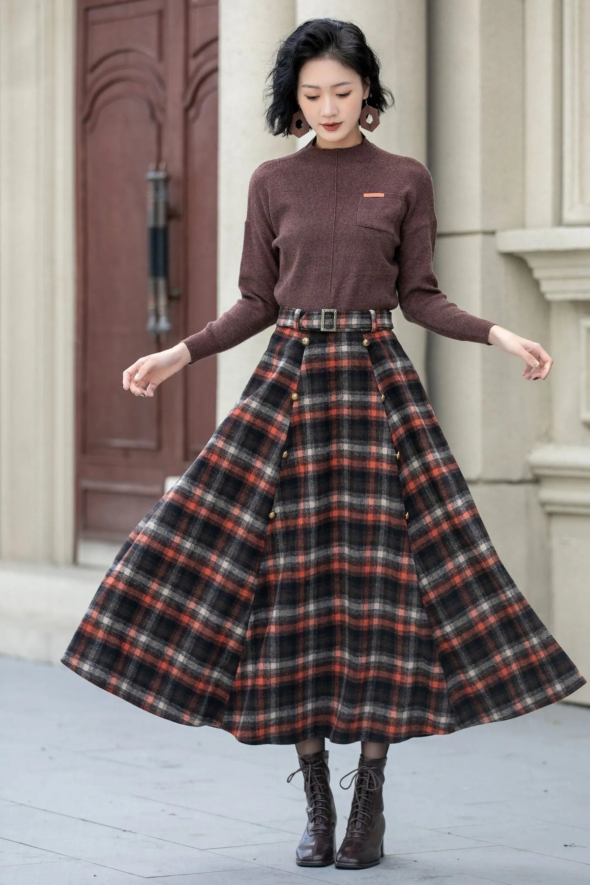 Plaid Wool Midi Skirt - A-Line Silhouette with Belt Waist 5355